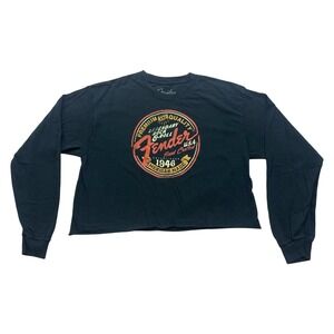 Fender Crop Top Womens Medium Black Long Sleeve Graphic Tee Guitar Logo